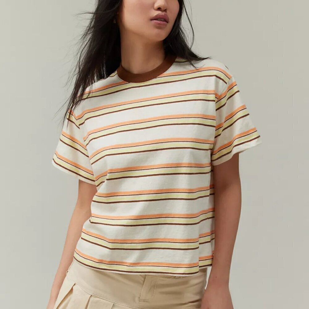 Urban Outfitters Cream Striped Short Sleeve Tee with Brown Trim